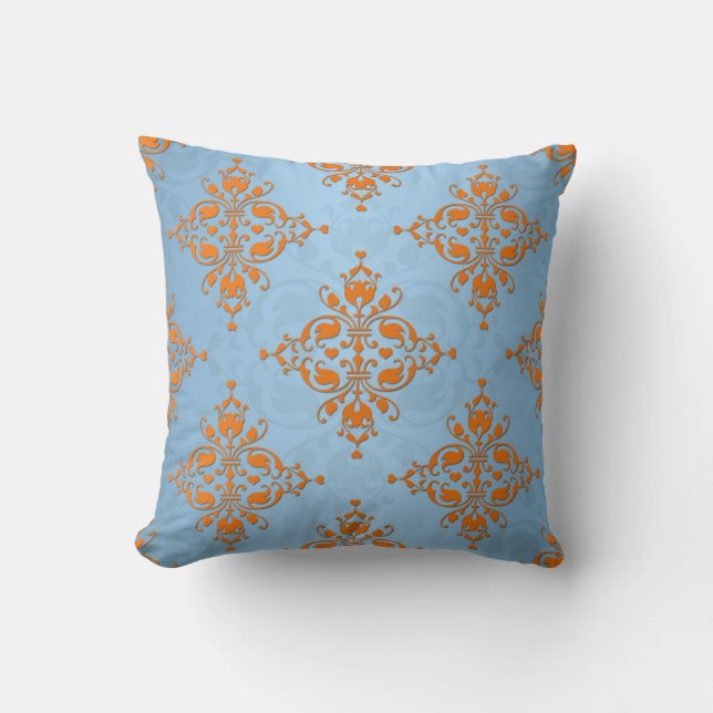 Cojín Decorativo Naranja lindo y Damasco azul (Anverso)