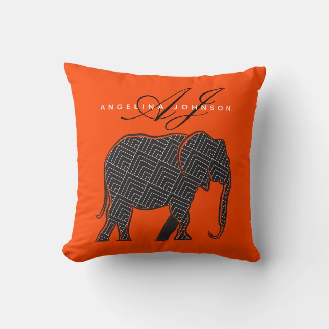 Cojín Decorativo Naranja monograma moderno y negro (Anverso)