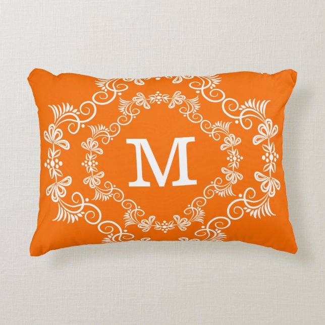 Cojín Decorativo Naranja Personalizado blanco Monograma decorativo (Anverso)