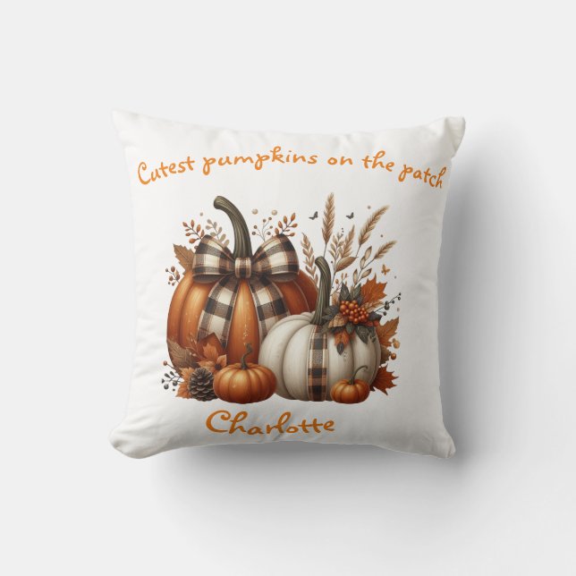 Cojín Decorativo naranja personalizado, calabazas de caída blanca,  (Anverso)