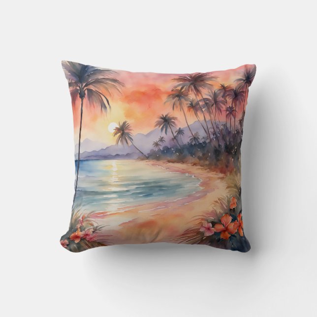 Cojín Decorativo Naranja Pink Sunset Tropical Beach Palm Trees (Anverso)