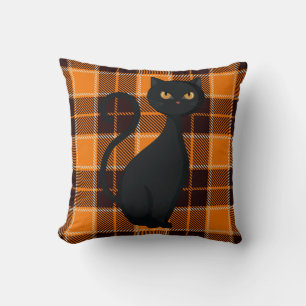 Cojín Decorativo Naranja Plaid Búfalo Gato Negro Espeluznante Hallo