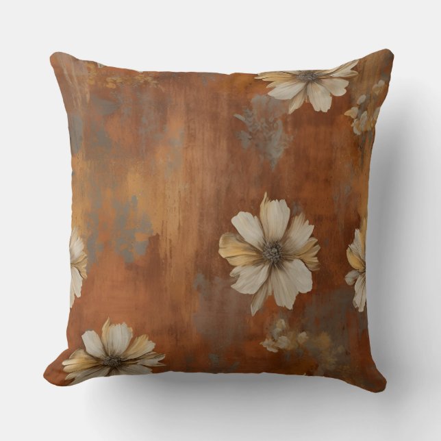 Cojín Decorativo Naranja quemado Beige Gray Farmhouse Floral (Anverso)