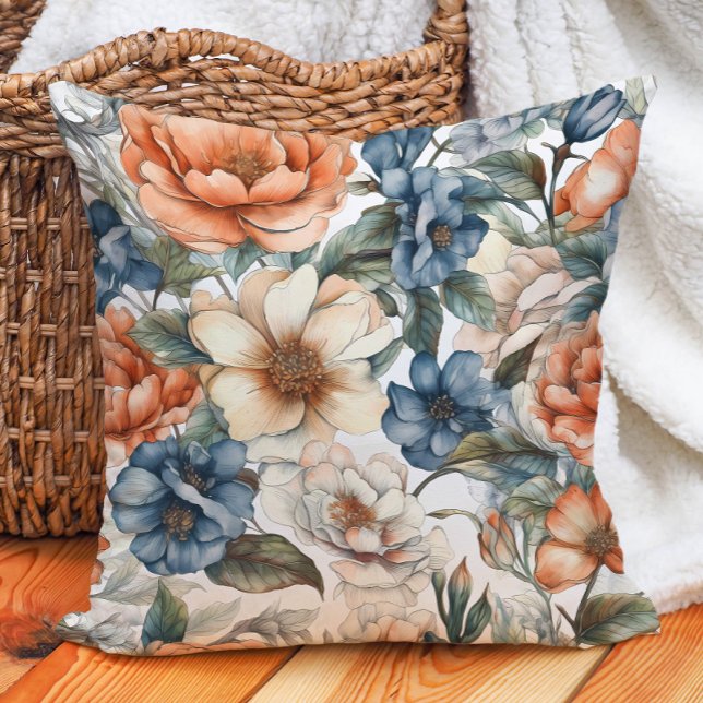 Cojín Decorativo Naranja quemado Crema Dusty Azul acuarela Floral (Subido por el creador)