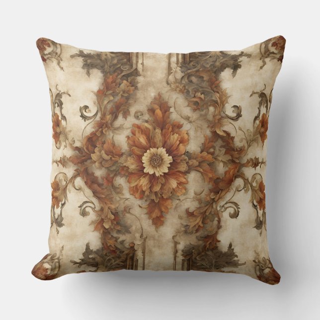 Cojín Decorativo Naranja quemado Crema marrón Rust Barroco Floral (Anverso)