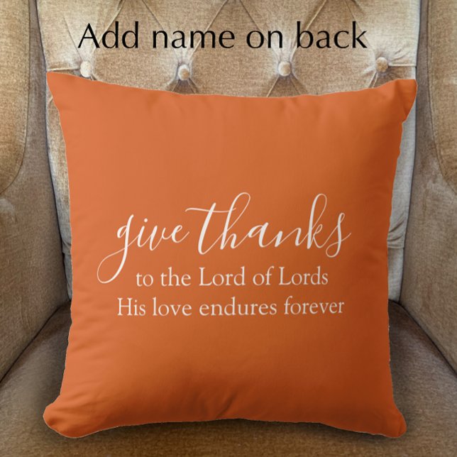 Cojín Decorativo Naranja Quemado Dar Gracias Personalizado Guión De (Burnt orange give thanks script Fall accent pillow. Custom scripture Thanksgiving home decor
)
