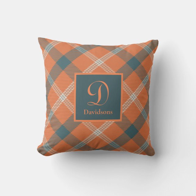 Cojín Decorativo Naranja quemado Escocia Tartán Plaid Monograma Caí (Anverso)