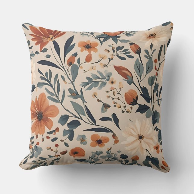 Cojín Decorativo Naranja Quemado Peach Navy Floral Azul (Anverso)