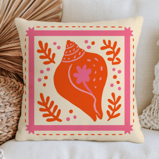 Cojín Decorativo Naranja Quemado y Caracol Rosa Ecléctico Náutico