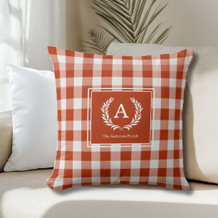 Cojín Decorativo Naranja-Red Gingham Monograma Escudo
