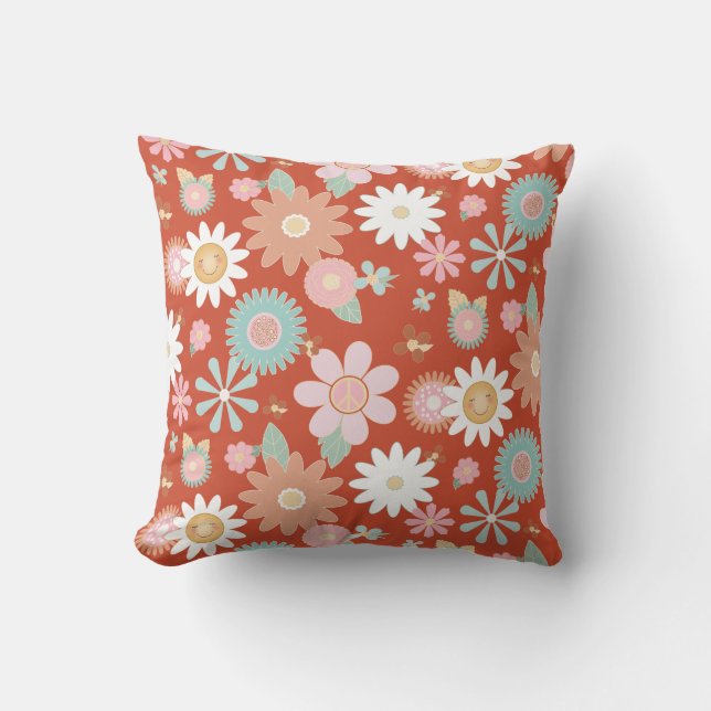 Cojín Decorativo Naranja retro 60 de hippie daisy de flores (Anverso)