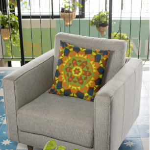 Cojín Decorativo Naranja retro Mandala flor amarillo y azul