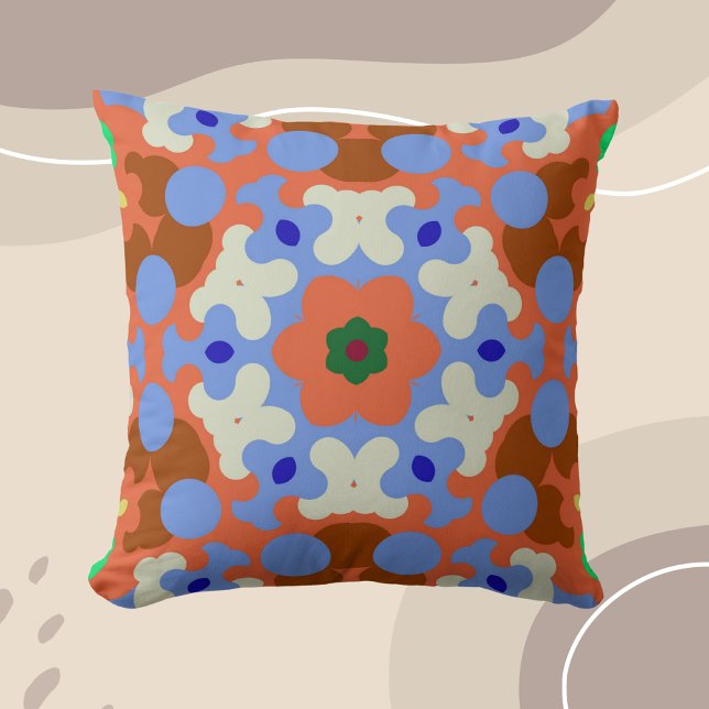 Cojín Decorativo Naranja retro Mandala Flor azul y amarillo (Subido por el creador)