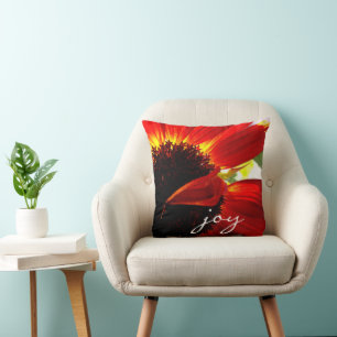 Cojín Decorativo Naranja Rojo Gerbera Daisy Flower Photo Joy Script