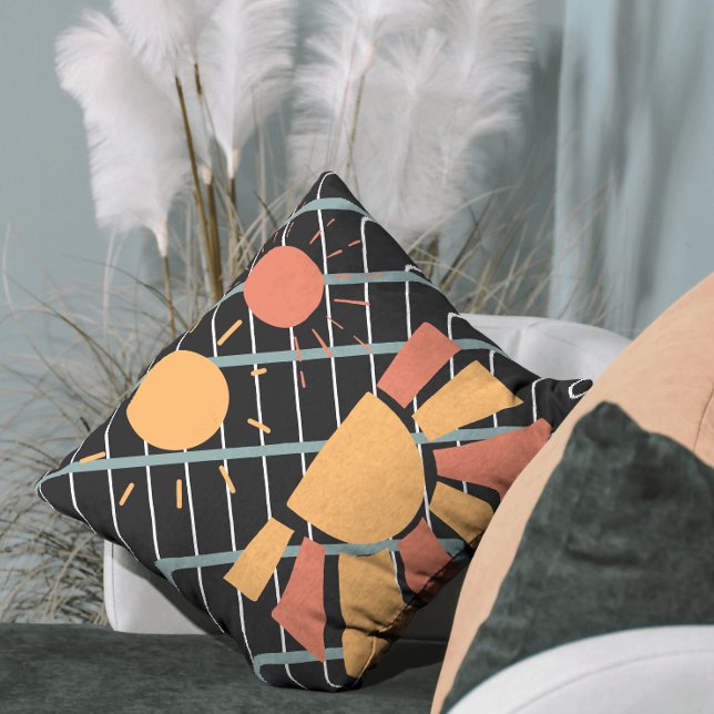 Cojín Decorativo Naranja rojo retro Sunset en cuadrícula azul en bl (Subido por el creador)