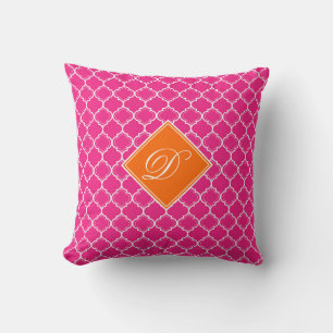 Cojín Decorativo Naranja rosa caliente y monograma de enrejado blan