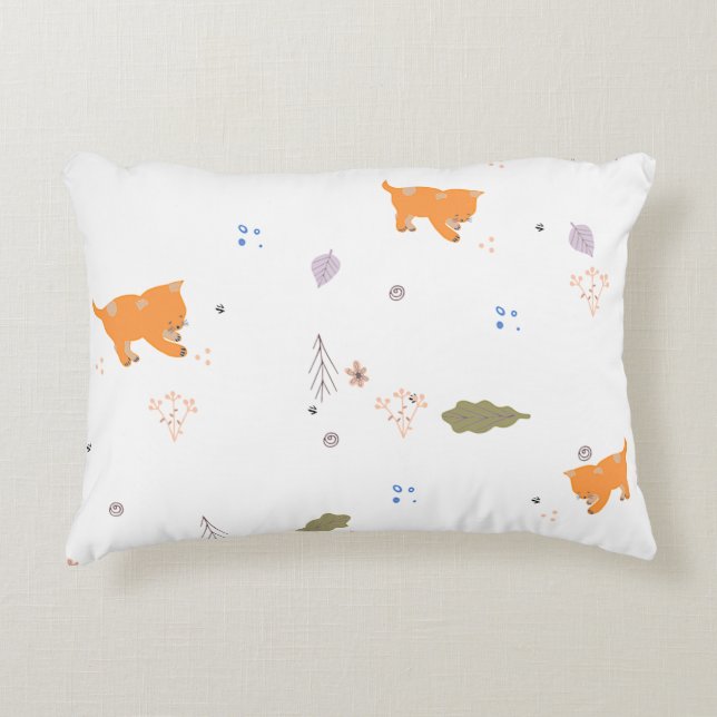 Cojín Decorativo Naranja Tabby y patrón de hojas (Anverso)