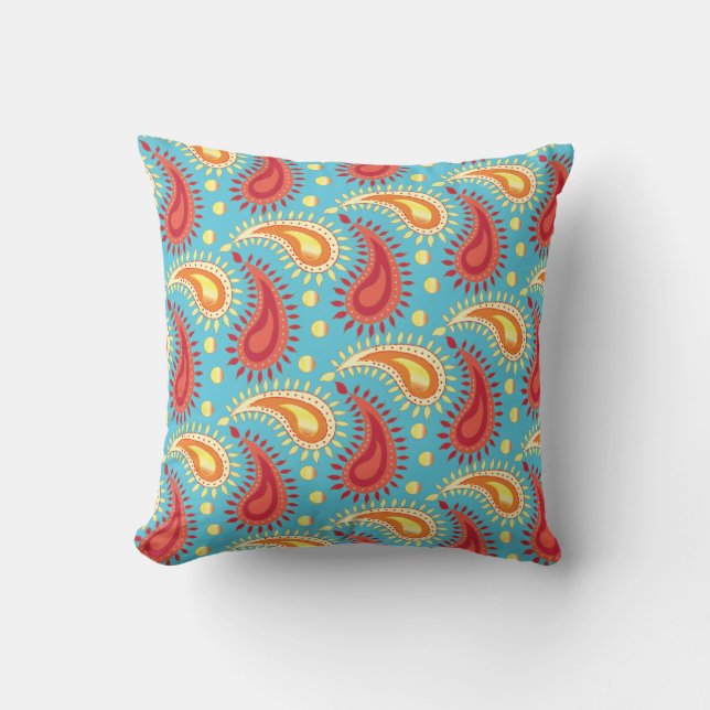 Cojín Decorativo Naranja Turquesa Oriental Patrón Paisley Persa (Anverso)