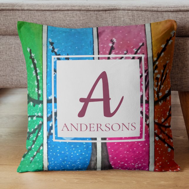 Cojín Decorativo Naranja verde azul bonito rosa | Monograma (Pretty Colorful Blue Green Orange Pink | Monogram Throw Pillow)