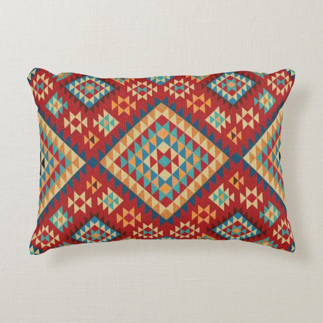 Cojín Decorativo Naranja Verde azulado azul rojo Kilim oriental ama (Anverso)