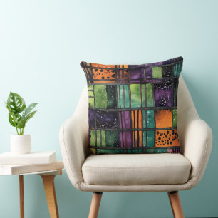 COJÍN DECORATIVO NARANJA VERDE PÚRPURA NEGRO ABSTRACTO HALLOWEEN