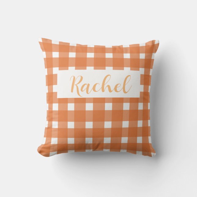 Cojín Decorativo Naranja White Gingham Personalizado (Anverso)