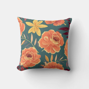 Cojín Decorativo Naranja y Amarillo Vibrante Floral sobre Fondo Ver