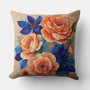Cojín Decorativo Naranja y floral azul