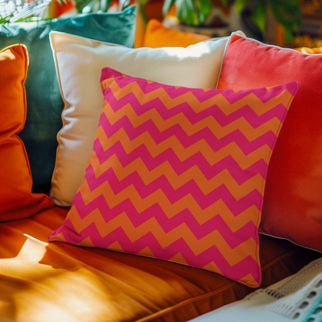 Cojín Decorativo Naranja y rosa Zigzag (Orange and Pink Zigzag Throw Pillow)