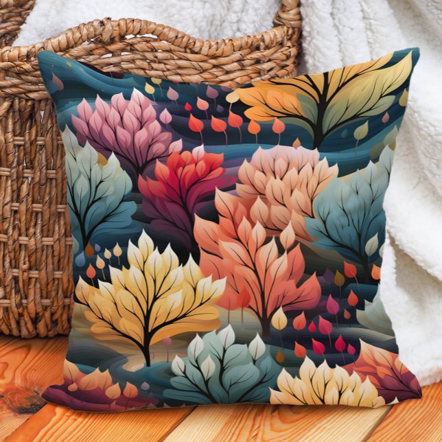Cojín Decorativo Naranjo Verde Teal Árboles  (Teal, orange, and yellow autumn leaves pillow)