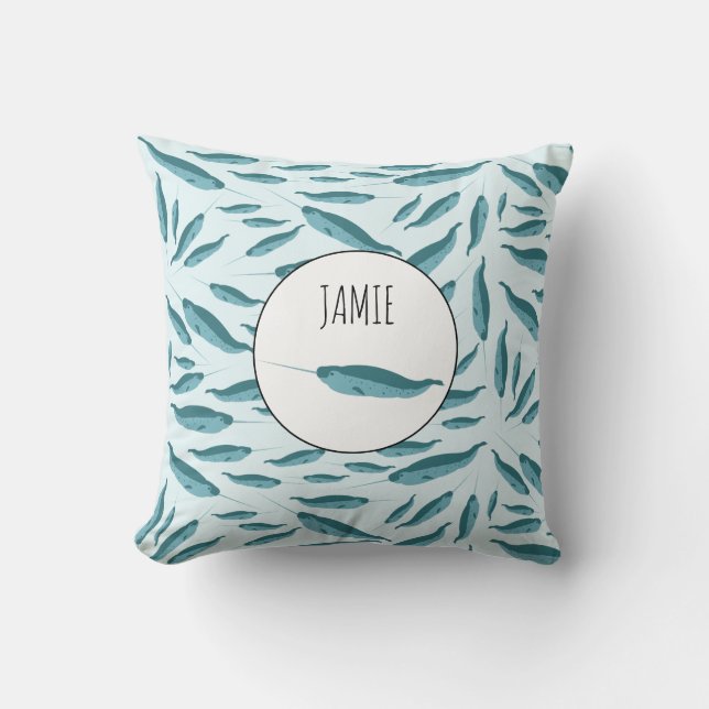 Cojín Decorativo Narwhal en el patrón del océano azul (Anverso)