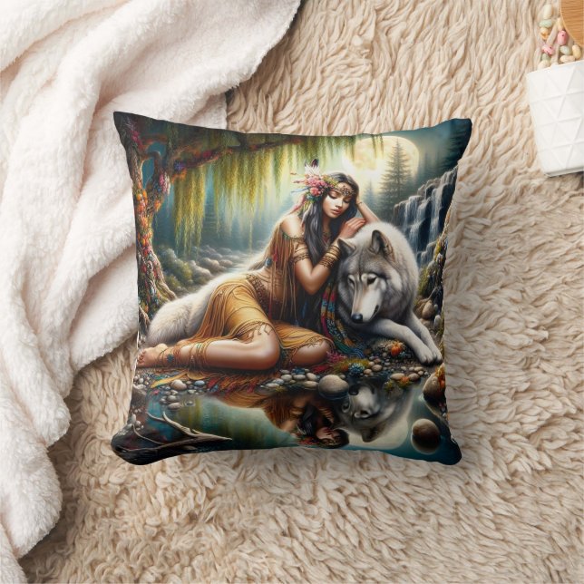 Cojín Decorativo Nativa estadounidense abraza el lobo por cascada (Manta)