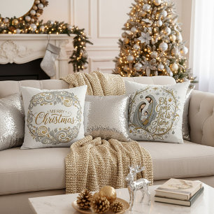 Cojín Decorativo Natividad de Navidad de plata y oro