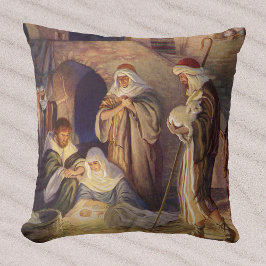 Cojín Decorativo Natividad de Navidad Vintage, 3 Pastores y Jesús