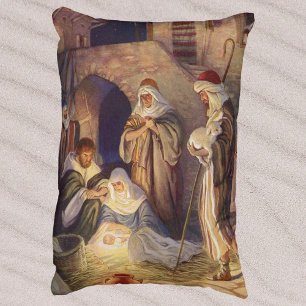 Cojín Decorativo Natividad navideña vintage, 3 pastores y Jesús