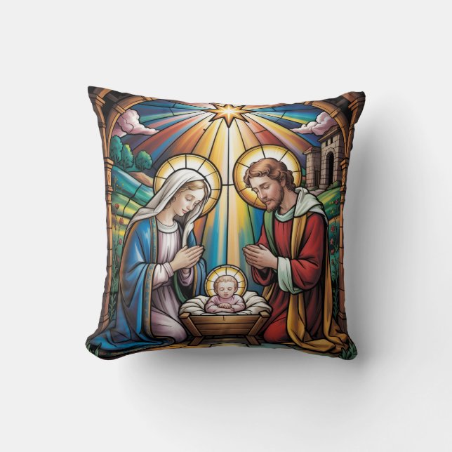 Cojín Decorativo Nativity Stained Glass Art – Holy Family Christmas (Anverso)