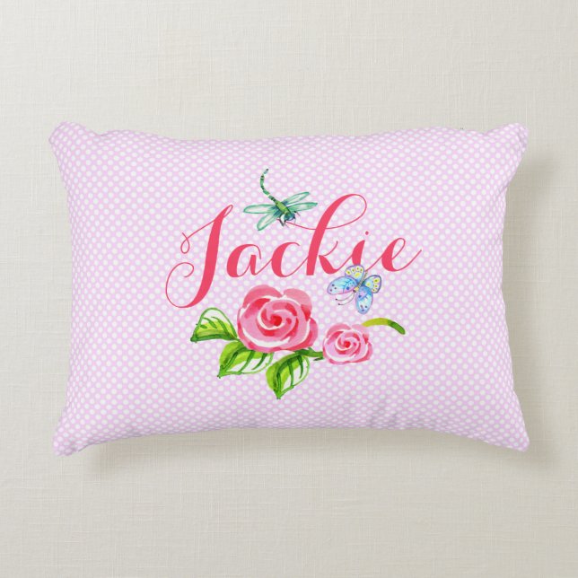 Cojín Decorativo Naturaleza de la mariposa rosa de rosa Polkadots A (Anverso)