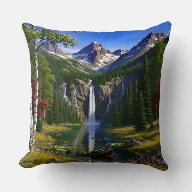 Cojín Decorativo Nature Scenery Mountains Waterfalls Lake Pond (Anverso)