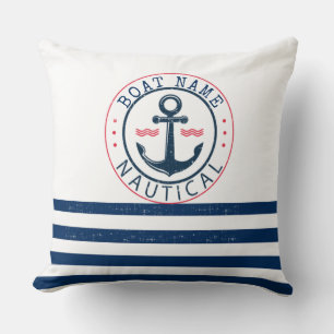 Cojín Decorativo Náutica, nombre del barco, franjas azules de la ma