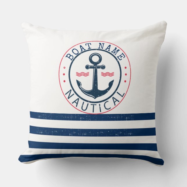 Cojín Decorativo Náutica, nombre del barco, franjas azules de la ma (Anverso)
