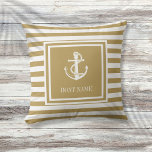 Cojín Decorativo Nautical Anchor nombre barco Gold Strin<br><div class="desc">Un diseño náutico con ancla,  elegantes rayas doradas y blancas y personalizado con el nombre de tu barco. Diseñado por Thisisnotme©</div>