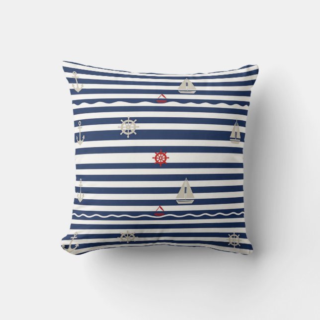 Cojín Decorativo Nautical Anchor Sailboat Stripe Pattern (Anverso)