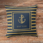 Cojín Decorativo Nautical Bote Name Navy Blue And Gold Strin<br><div class="desc">Un diseño náutico con ancla,  elegantes franjas azul marino y dorado y personalizado con tu nombre de barco. Diseñado por Thisisnotme©</div>