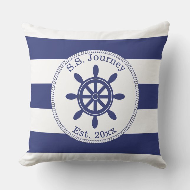 Cojín Decorativo Nautical Captain's Wheel Add Boat Name (Anverso)