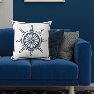 Cojín Decorativo Nautical Coastal Blue Beach House Boat Ship Wheel