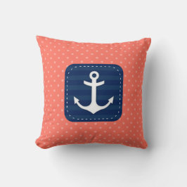 Cojín Decorativo Nautical Coral Polka Dot Pattern Nave Anchor azul