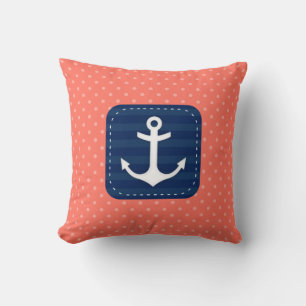 Cojín Decorativo Nautical Coral Polka Dot Pattern Nave Anchor azul