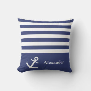 Cojín Decorativo Nautical Dark Blue and White Stripes Name Anchor
