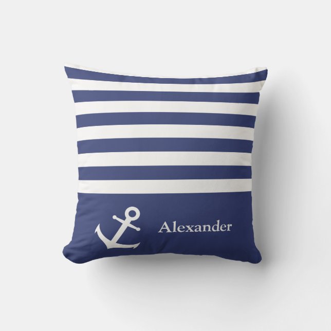 Cojín Decorativo Nautical Dark Blue and White Stripes Name Anchor (Anverso)