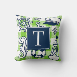Cojín Decorativo Nautical Doodles – Lime & Navy Gingham Monogram